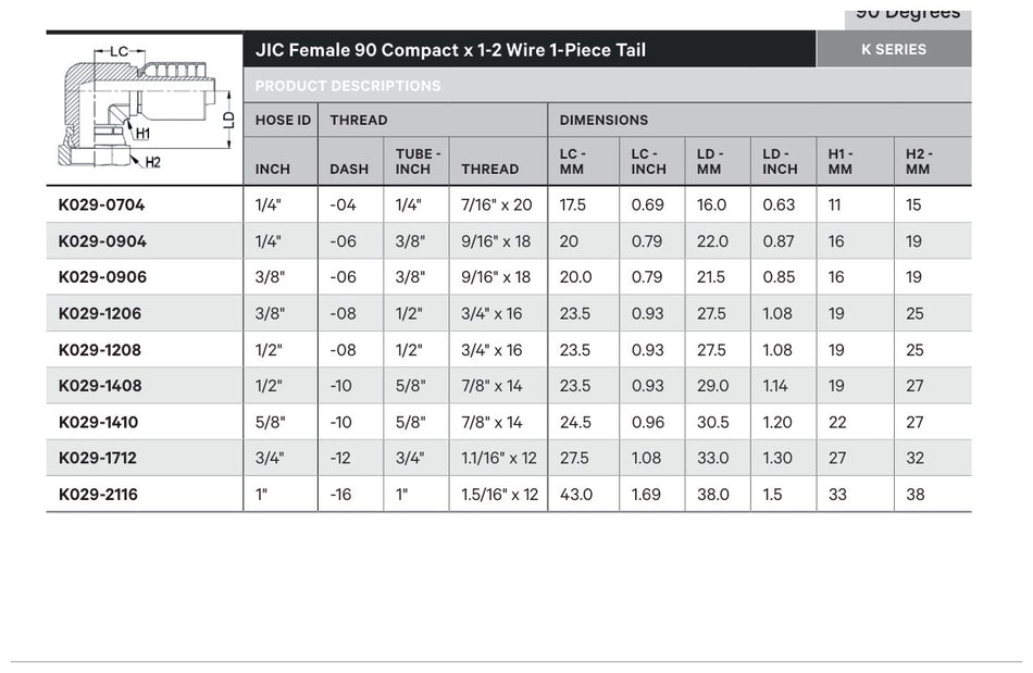 JIC K SERIES | Female 90¡ Compact - TECHNICAL DETAILS
