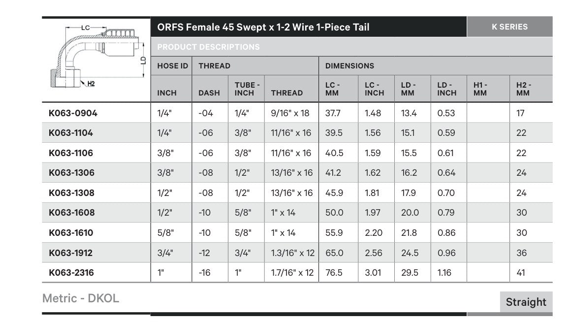 ORFS K SERIES | Female 45¡ Swept - TECHNICAL DETAILS