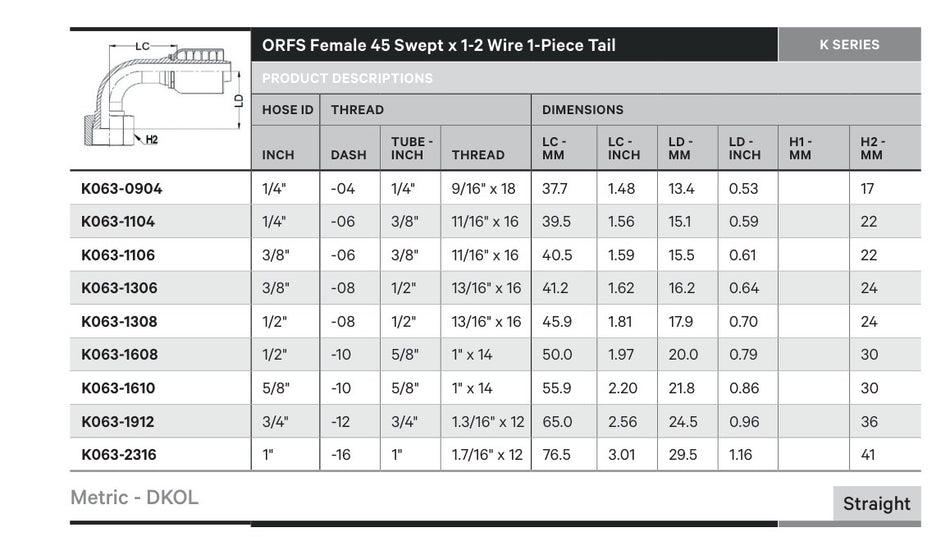 ORFS K SERIES | Female 45¡ Swept - TECHNICAL DETAILS