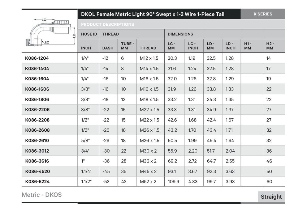 DKOL K SERIES | Female 90¡ Swept - TECHNICAL DETAILS
