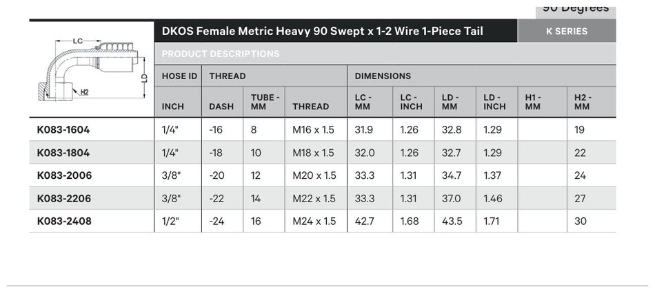 DKOS K SERIES | Female 90¡ Swept - TECHNICAL DETAILS