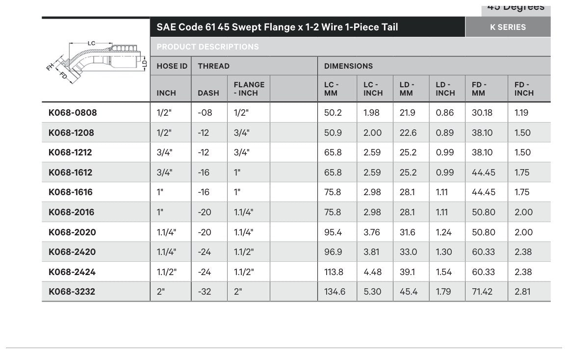 SAE CODE 61 K SERIES | 45¡ Swept - TECHNICAL DETAILS