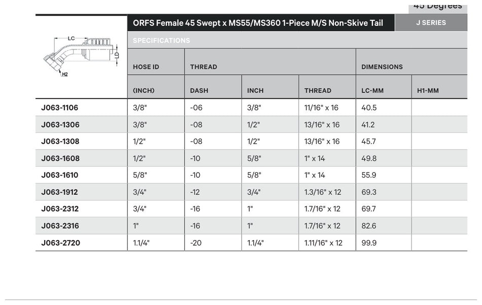 ORFS J SERIES (HIGH PRESSURE) | Female 45¡ Swept - TECHNICAL DETAILS