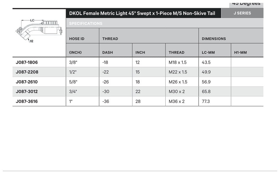 DKOL J SERIES (HIGH PRESSURE) | Female 45¡ Swept - TECHNICAL DETAILS