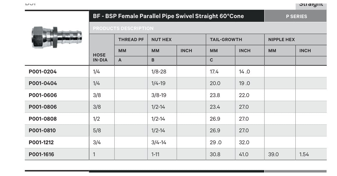 BSPP P SERIES | Female Straight - TECHNICAL DETAILS