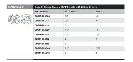 FLANGE BLOCK | CODE 61 FLANGE BLOCK X BSPP FEMALE WITH O'RING GROOVE - TECHNICAL DETAILS