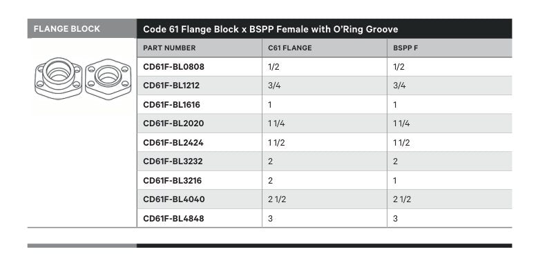 FLANGE BLOCK | CODE 61 FLANGE BLOCK X BSPP FEMALE WITH O'RING GROOVE - TECHNICAL DETAILS