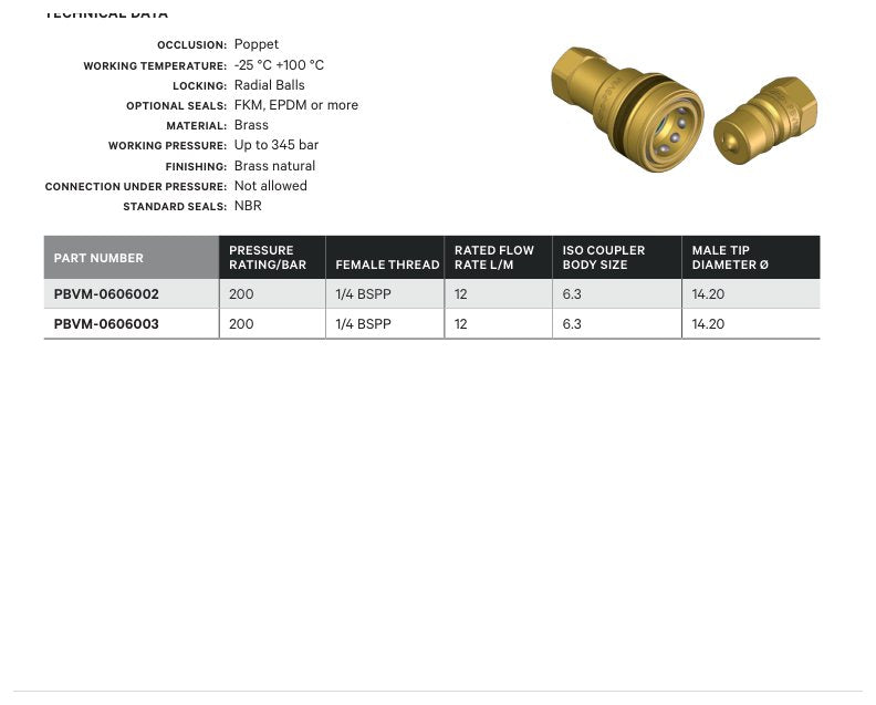 POPPET COUPLER | ISO7241-1 B SERIES (CARPET CLEANERS) - TECHNICAL DETAILS