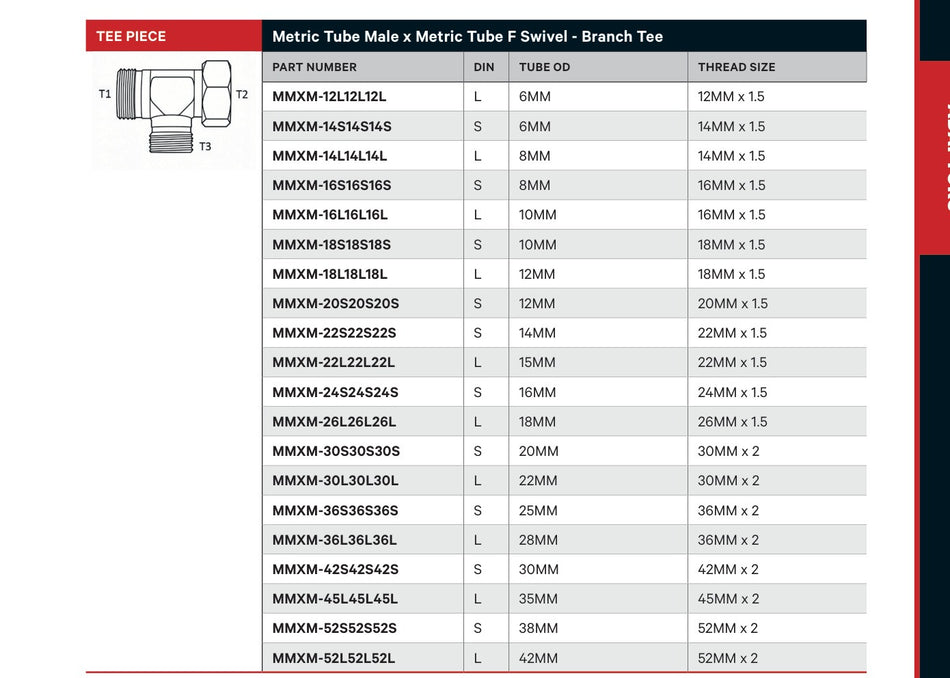 TEE PIECE | METRIC TUBE MALE X METRIC TUBE F SWIVEL - BRANCH TEE - CATALOGUE IMAGE
